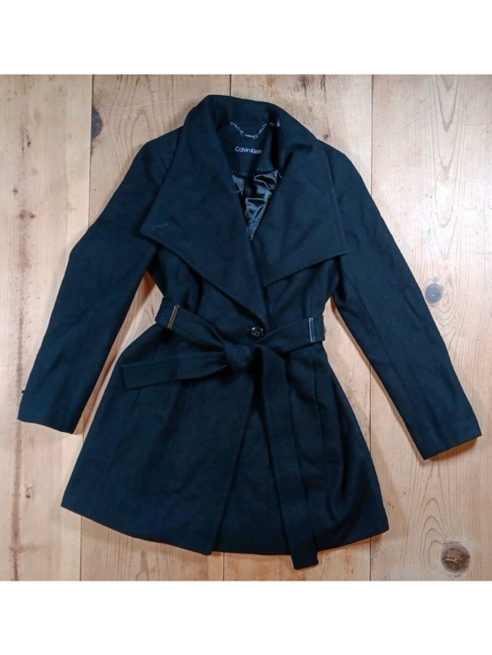 Calvin Klein Dress Coat Women Petite PM Black Wool Blend Button Belt Metal Logo